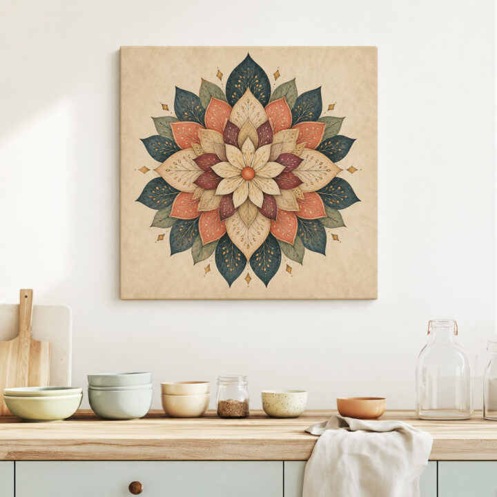 Leinwandbild Blütenmandala in Petrol und Rostrot