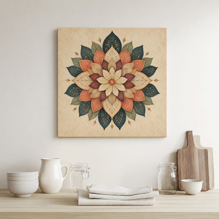 Leinwandbild Blütenmandala in Petrol und Rostrot