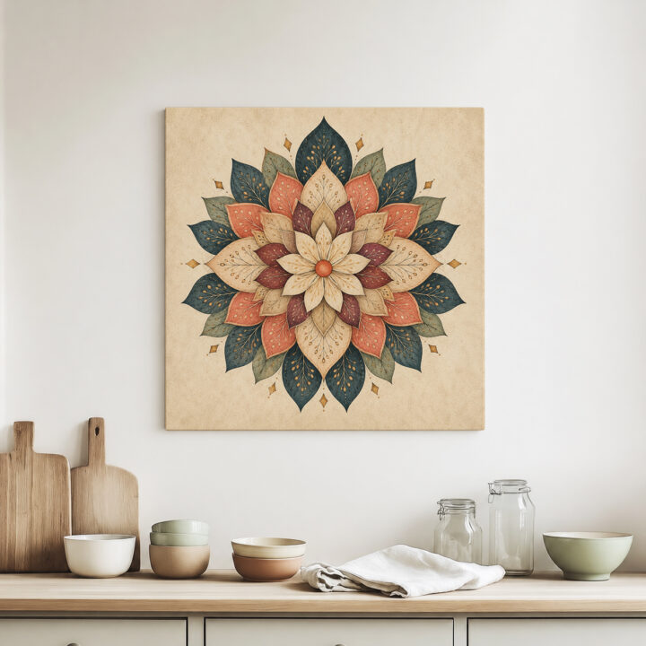 Leinwandbild Blütenmandala in Petrol und Rostrot