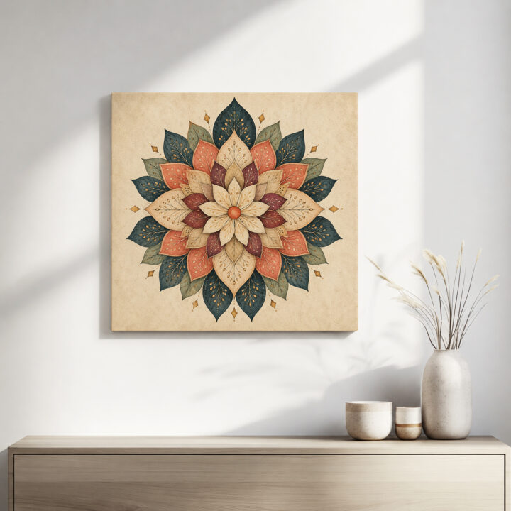 Leinwandbild Blütenmandala in Petrol und Rostrot