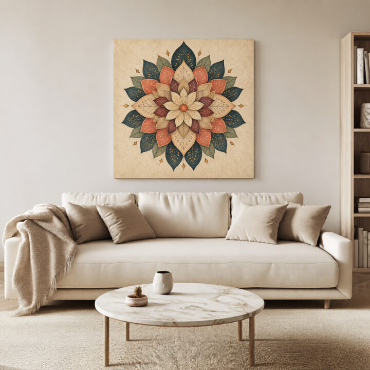 Leinwandbild Blütenmandala in Petrol und Rostrot