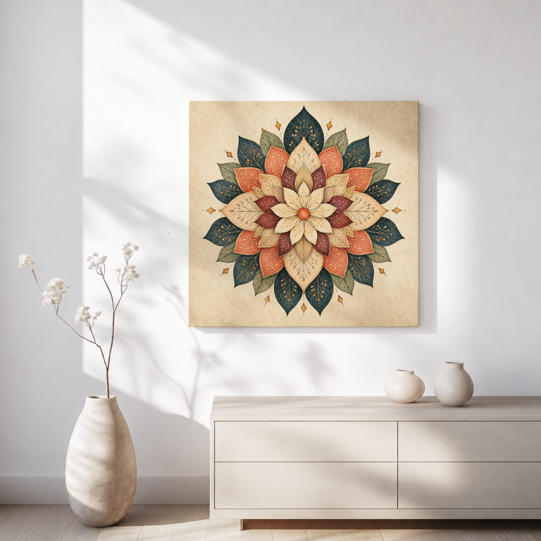Leinwandbild Blütenmandala in Petrol und Rostrot