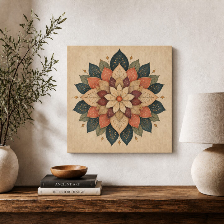 Leinwandbild Blütenmandala in Petrol und Rostrot