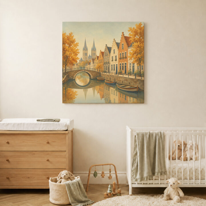 Leinwandbild Herbstliche Kanalstadt mit Brücke