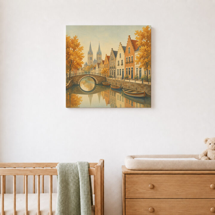 Leinwandbild Herbstliche Kanalstadt mit Brücke