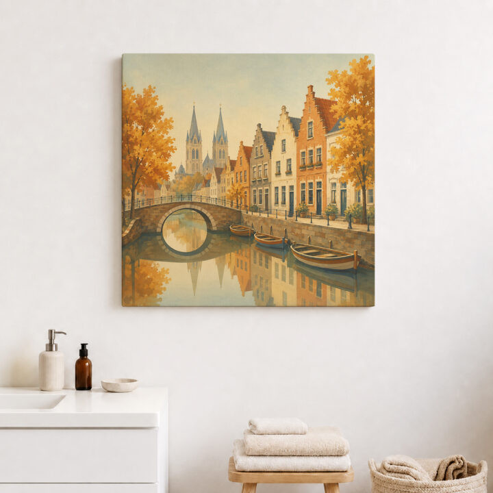 Leinwandbild Herbstliche Kanalstadt mit Brücke