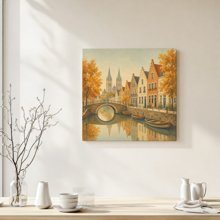 Leinwandbild Herbstliche Kanalstadt mit Brücke
