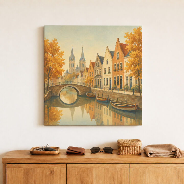 Leinwandbild Herbstliche Kanalstadt mit Brücke