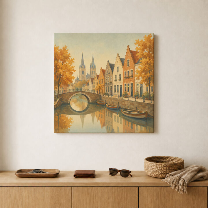 Leinwandbild Herbstliche Kanalstadt mit Brücke