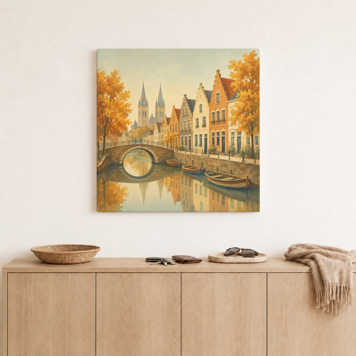 Leinwandbild Herbstliche Kanalstadt mit Brücke