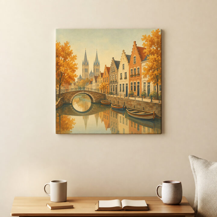Leinwandbild Herbstliche Kanalstadt mit Brücke