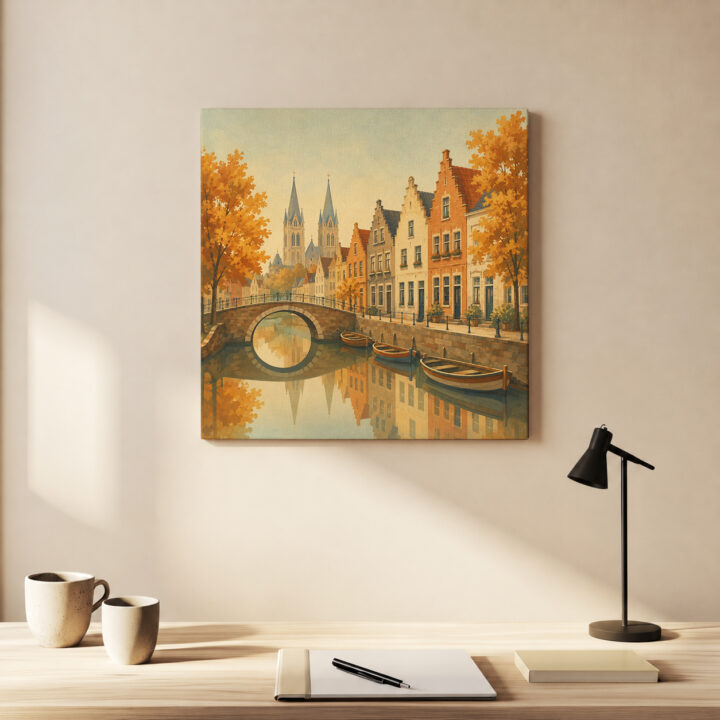 Leinwandbild Herbstliche Kanalstadt mit Brücke