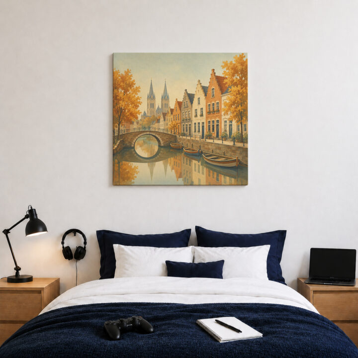 Leinwandbild Herbstliche Kanalstadt mit Brücke