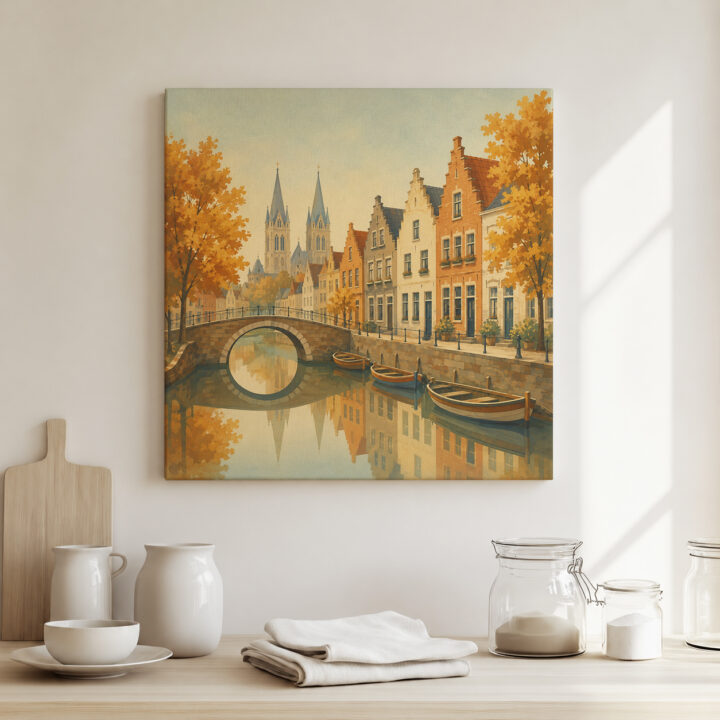 Leinwandbild Herbstliche Kanalstadt mit Brücke