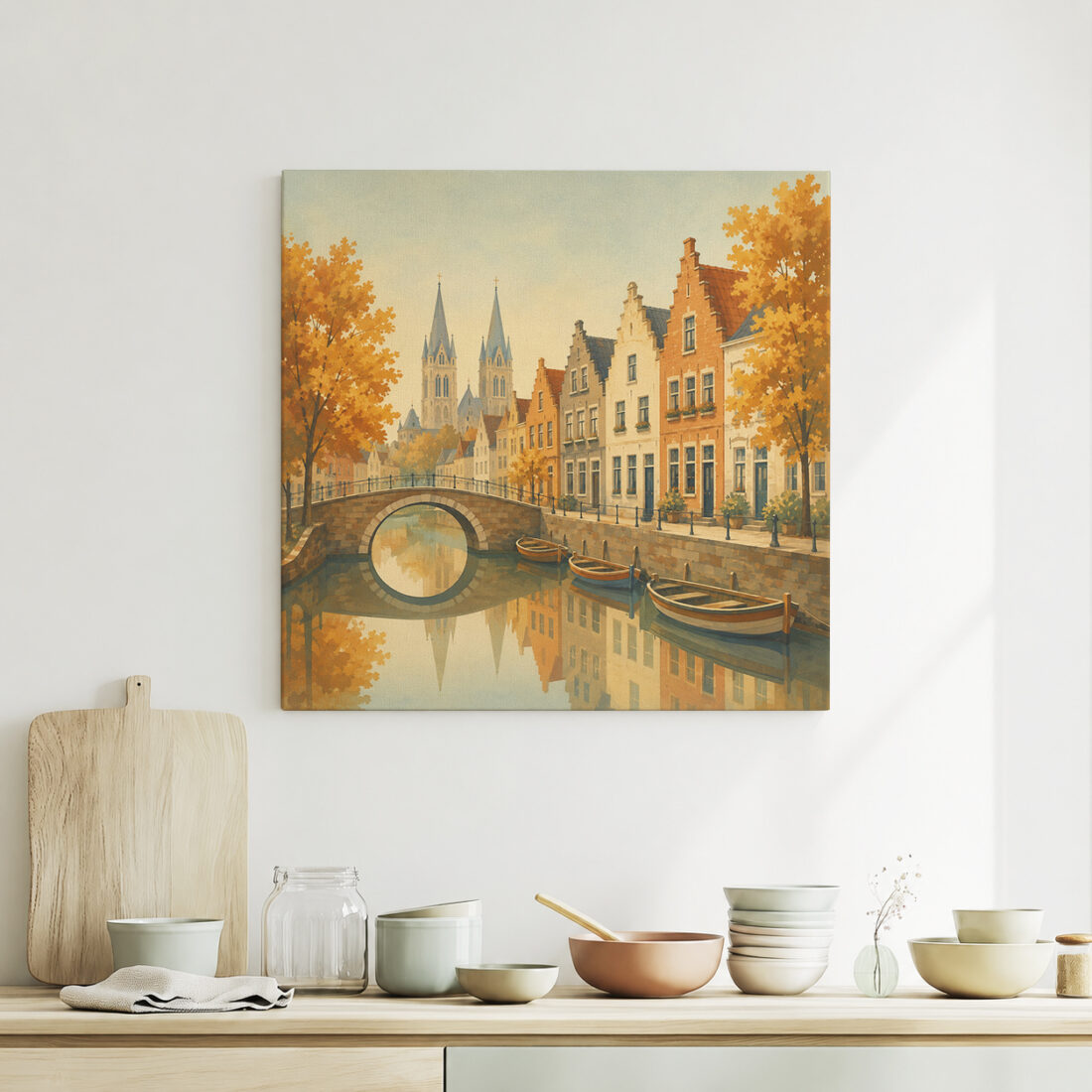 Leinwandbild Herbstliche Kanalstadt mit Brücke