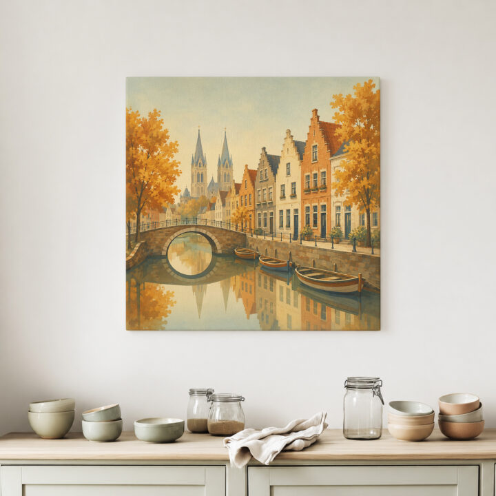 Leinwandbild Herbstliche Kanalstadt mit Brücke