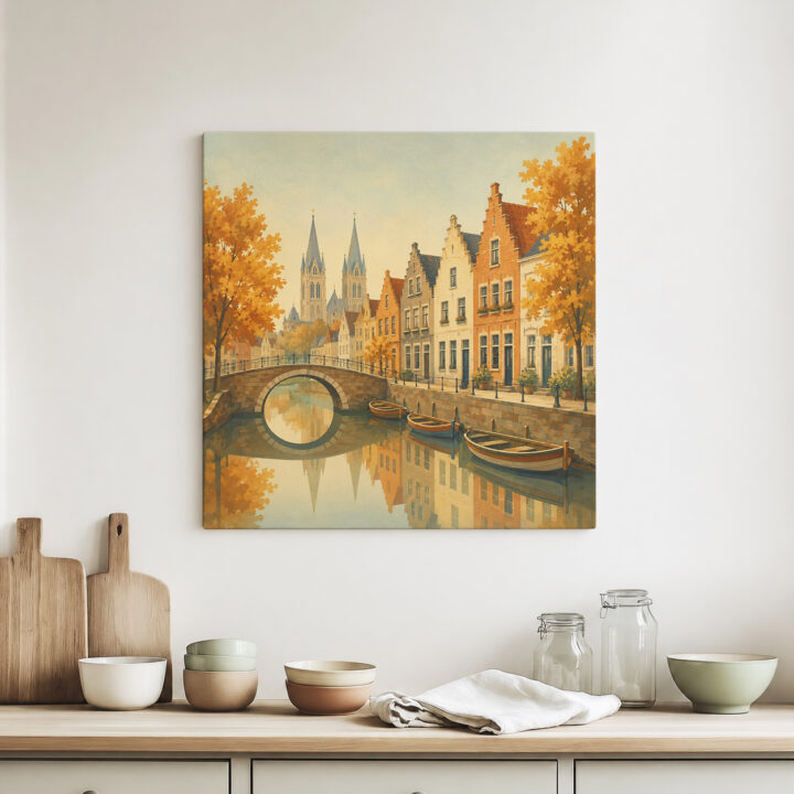 Leinwandbild Herbstliche Kanalstadt mit Brücke