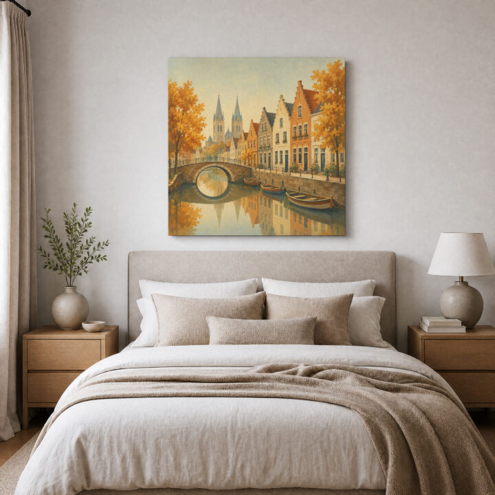 Leinwandbild Herbstliche Kanalstadt mit Brücke