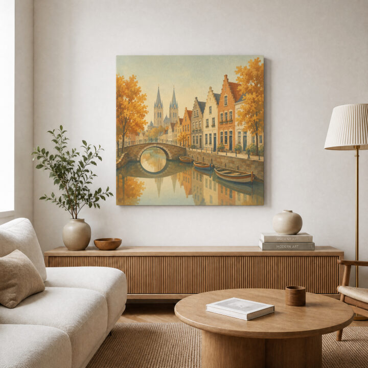 Leinwandbild Herbstliche Kanalstadt mit Brücke