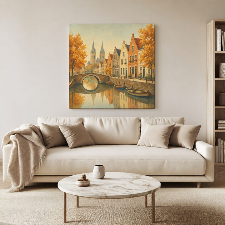 Leinwandbild Herbstliche Kanalstadt mit Brücke