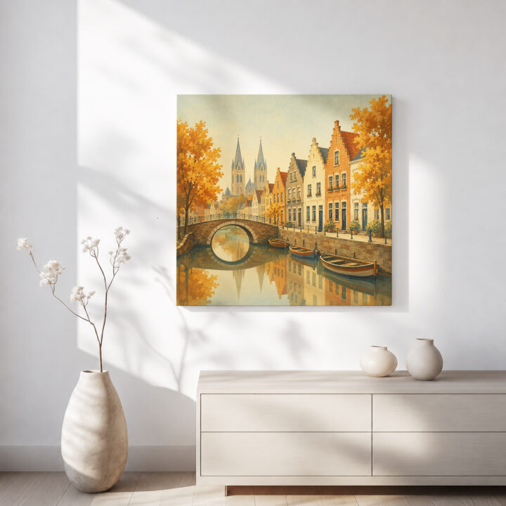 Leinwandbild Herbstliche Kanalstadt mit Brücke