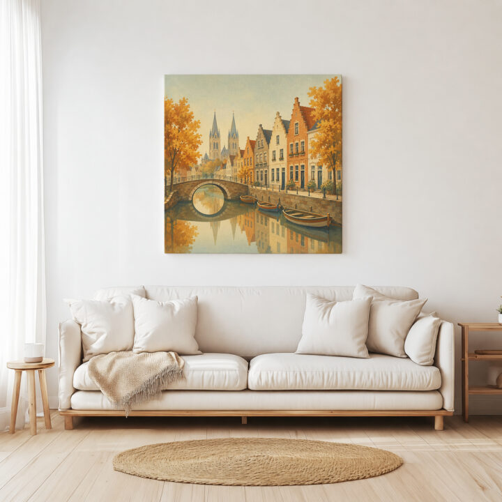 Leinwandbild Herbstliche Kanalstadt mit Brücke