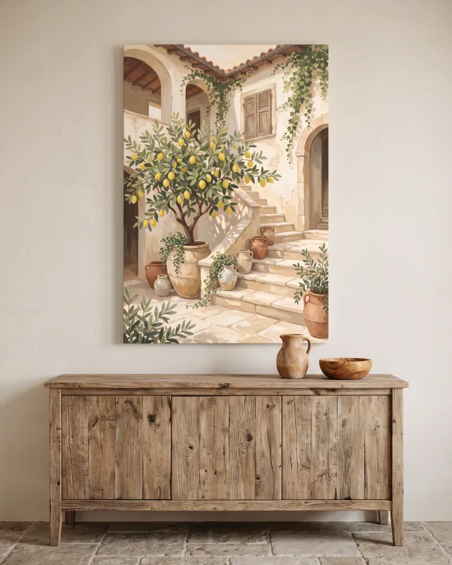 Leinwandbild – Zitronenbaum im sonnigen Innenhof