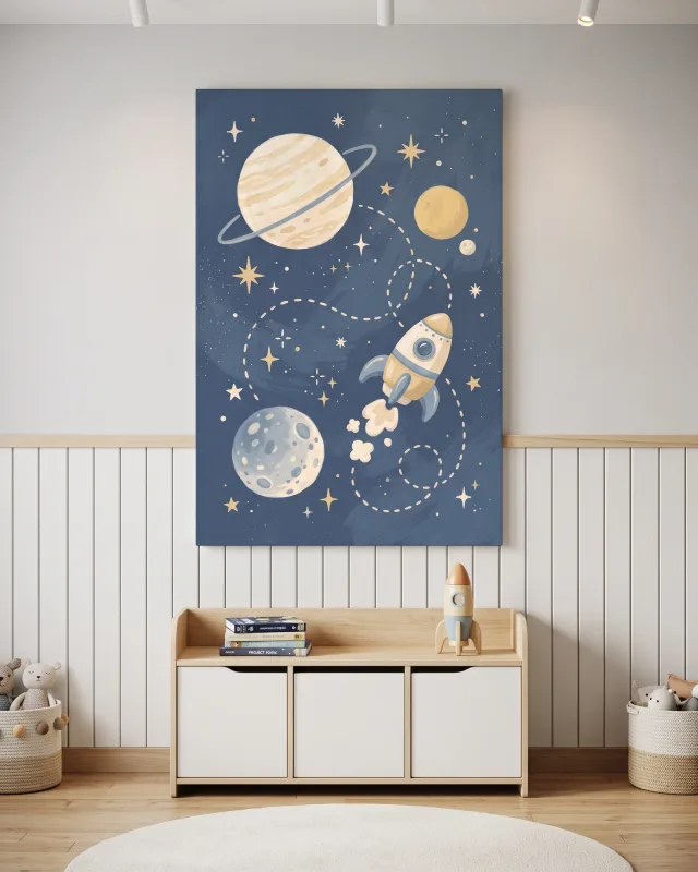 Leinwandbild – Raketenstart unter dem Ringplaneten