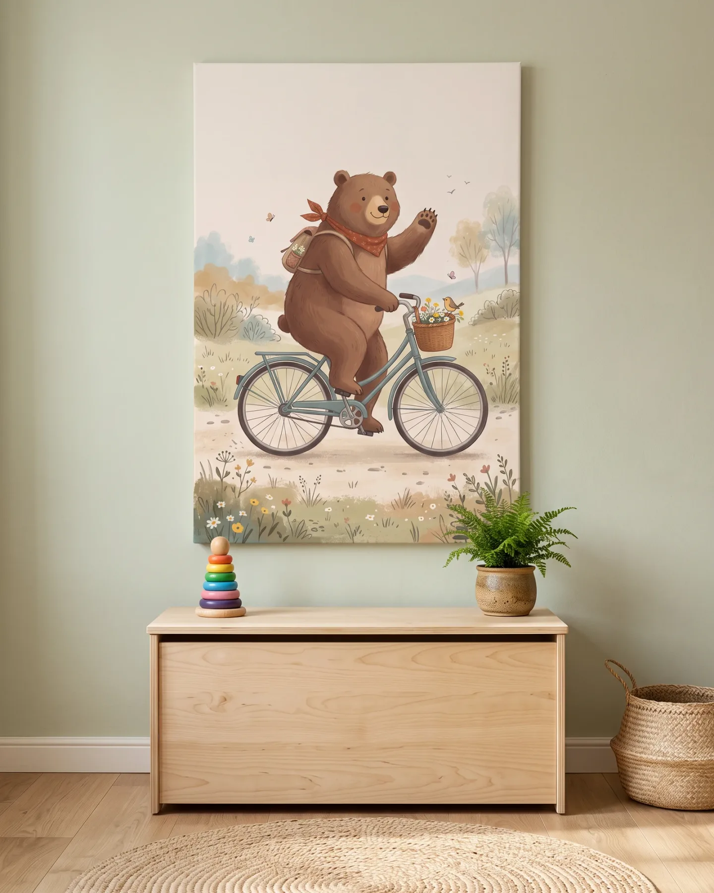 Canvas print – Waving Bear on a Blue Bicycle