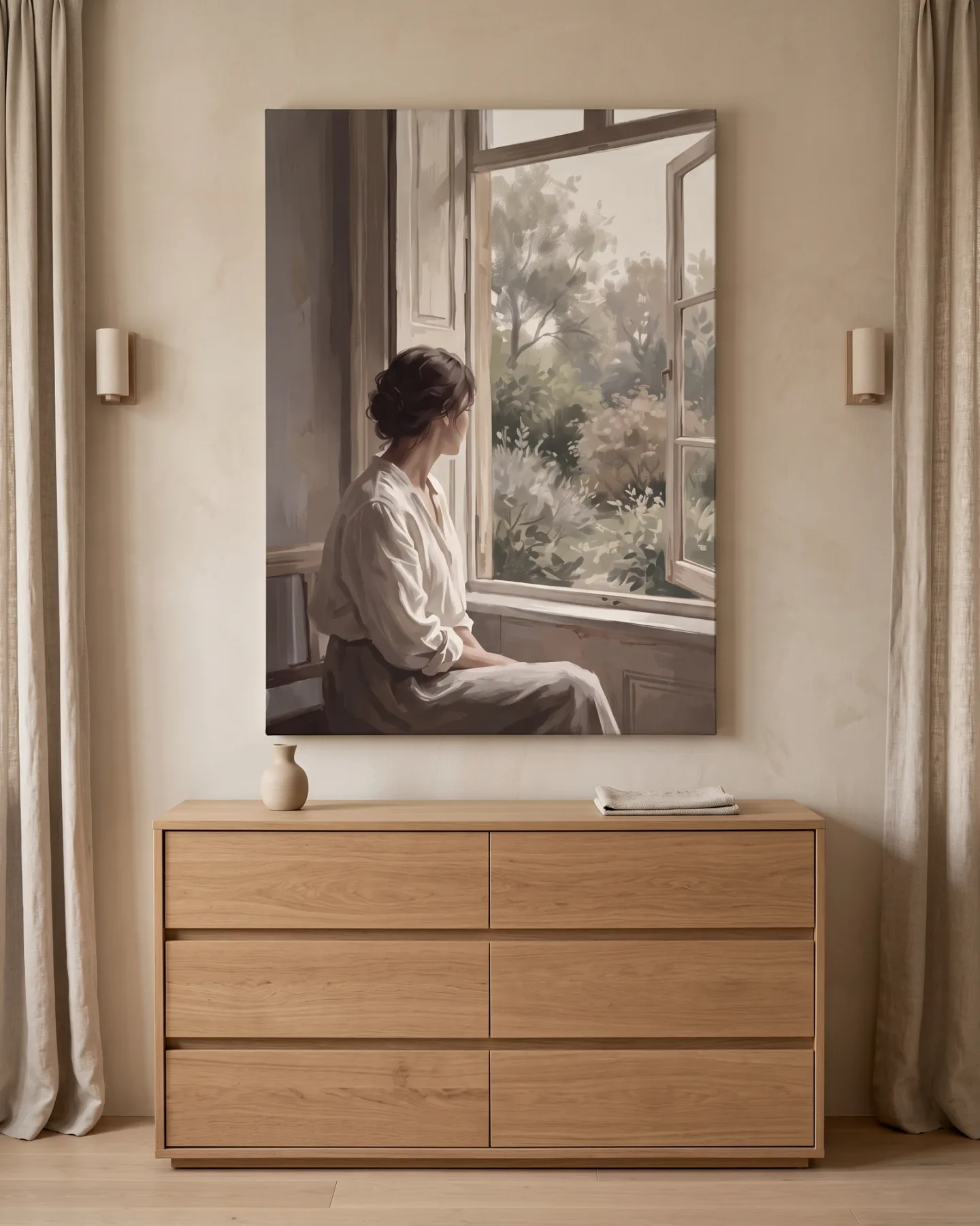 Leinwandbild – Frau am offenen Fenster