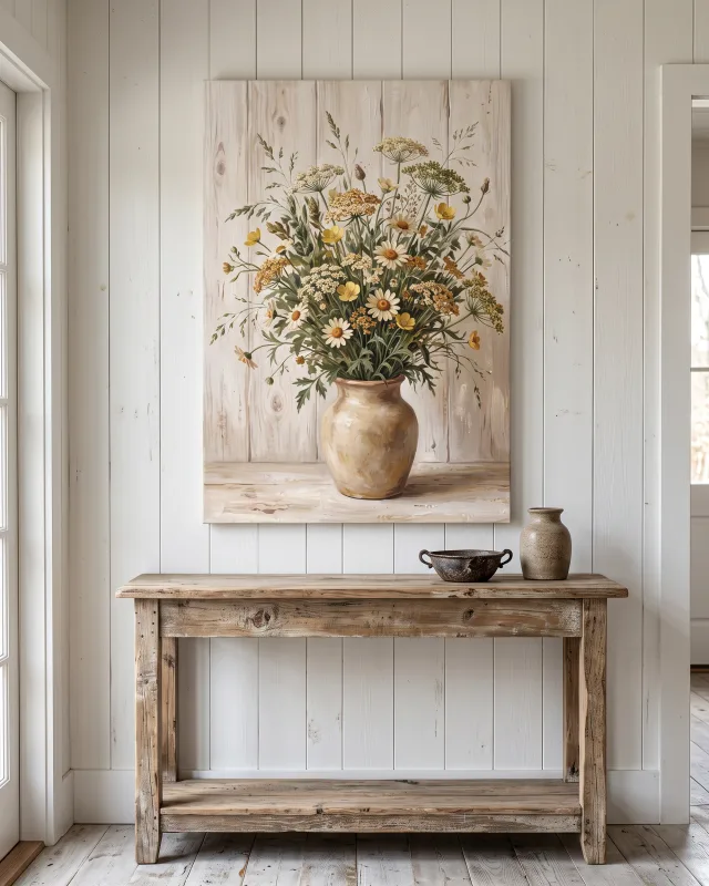 Leinwandbild – Heller Wildblumenstrauß vor weißen Brettern