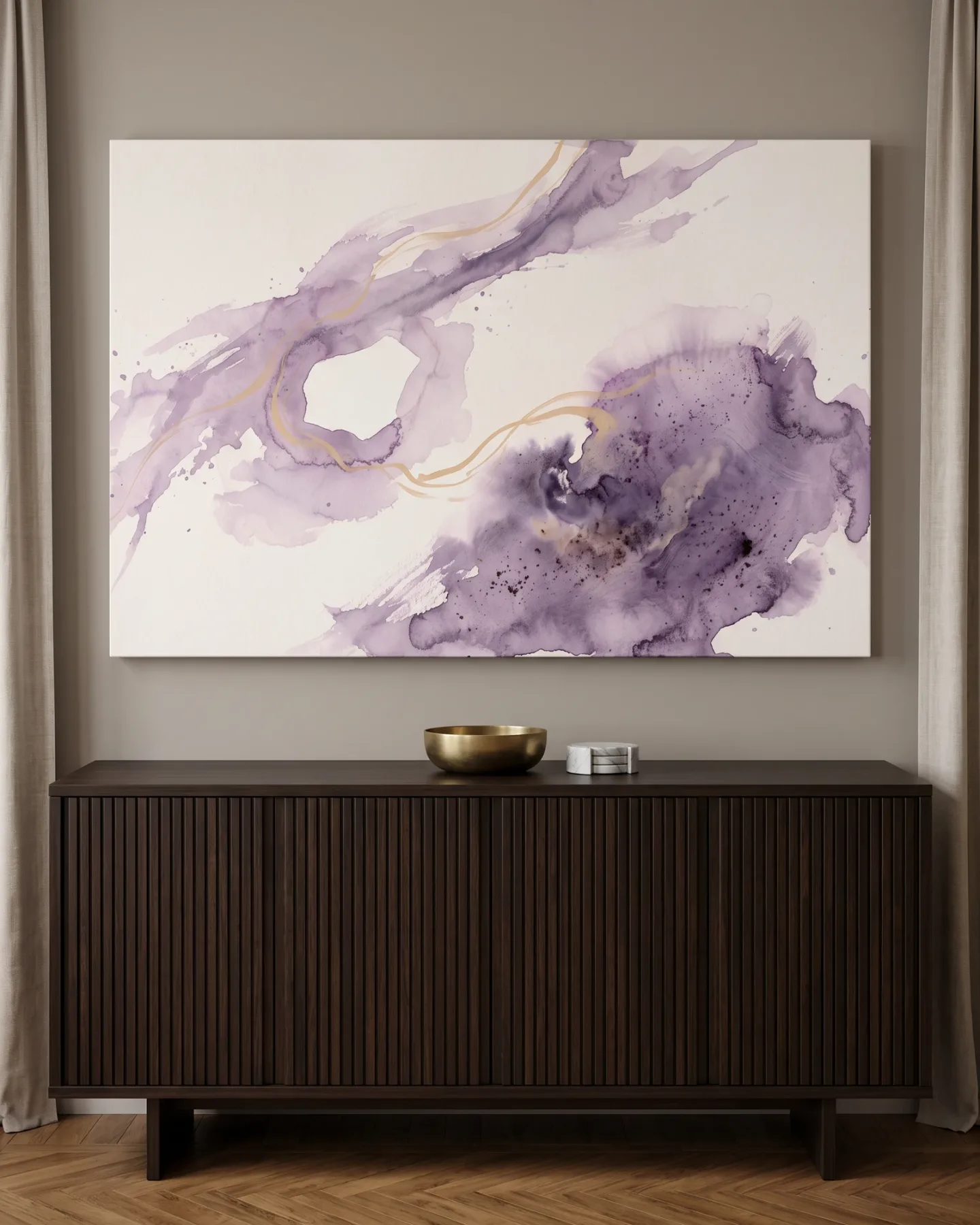 Canvas print – Violet Watercolor Currents with Gold Lines