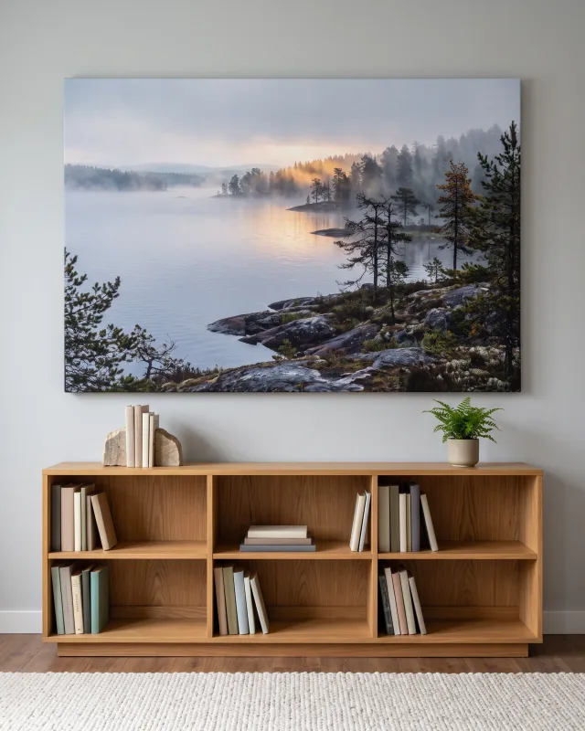 Leinwandbild – Nebelwald und goldene Spiegelung