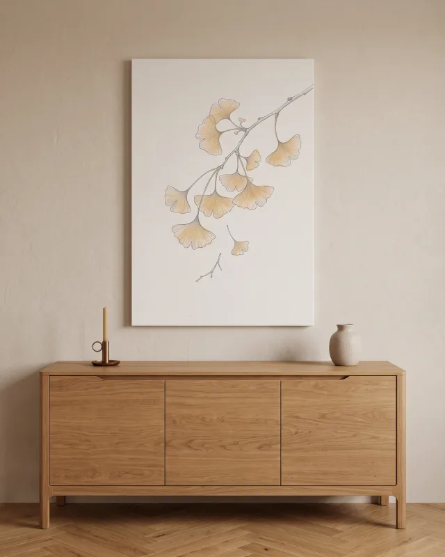 Leinwandbild – Ginkgozweig mit einzelnem fallendem Blatt