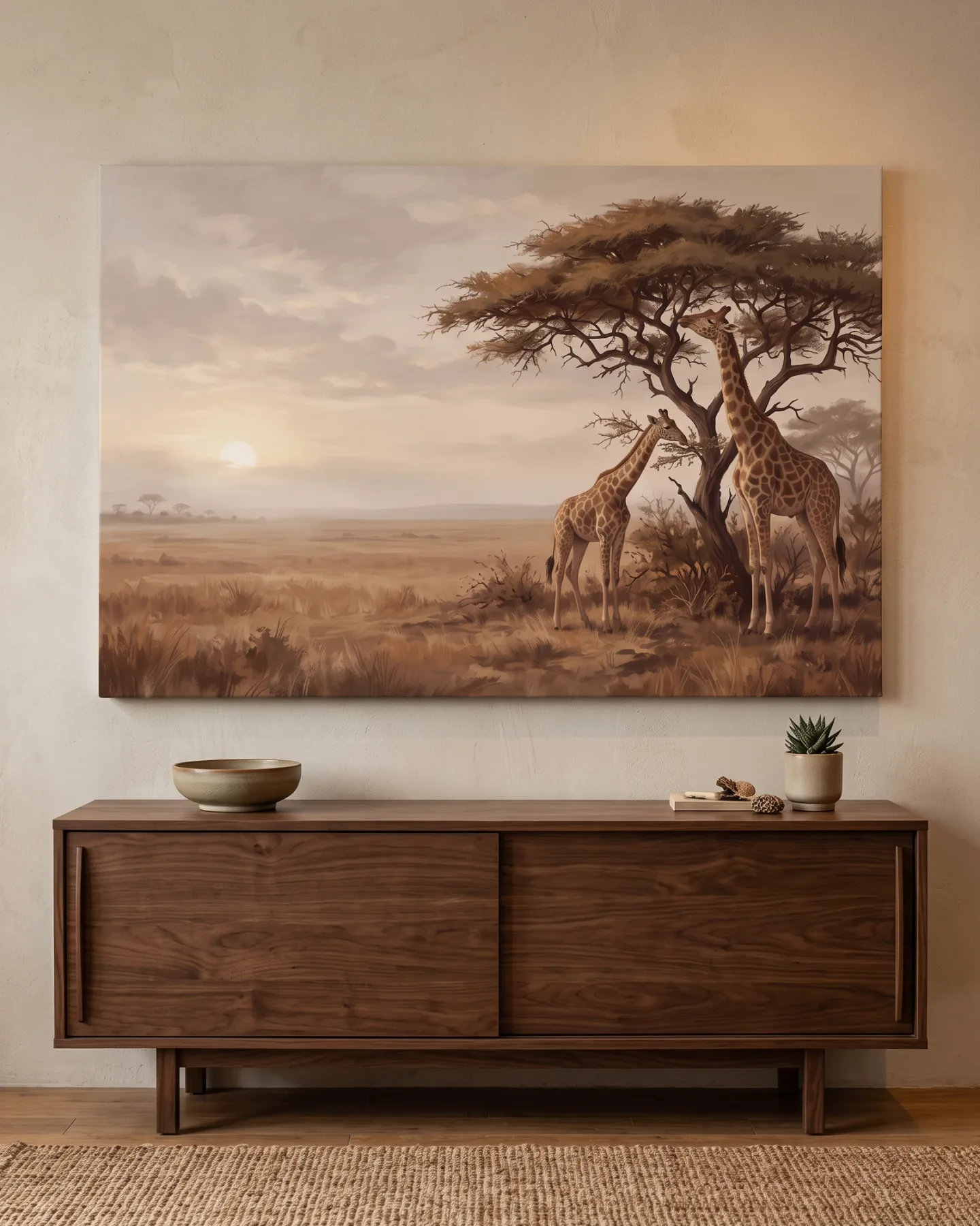 Leinwandbild – Giraffenpaar in heller Sepiasavanne