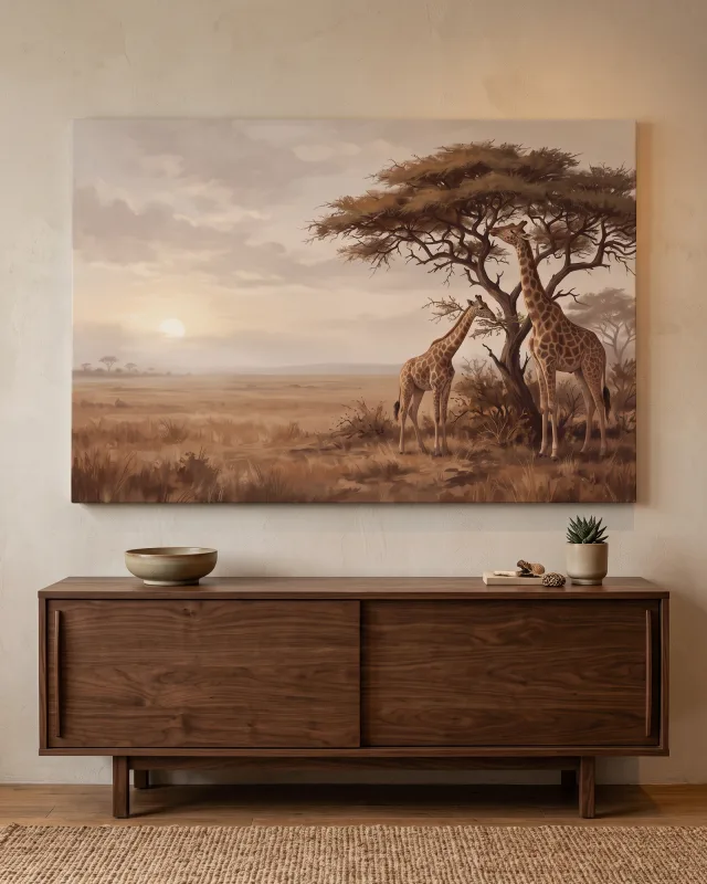 Leinwandbild – Giraffenpaar in heller Sepiasavanne