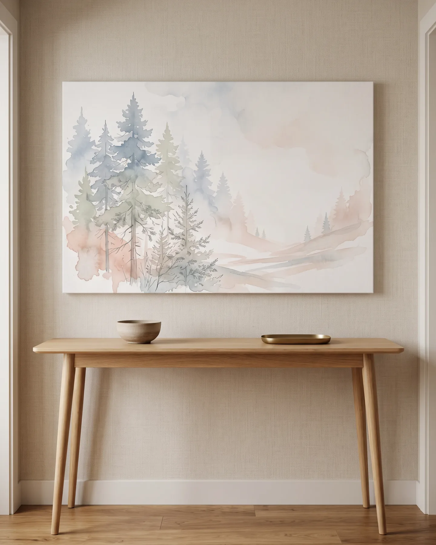 Leinwandbild – Aquarell-Waldlandschaft in sanften Pastelltönen
