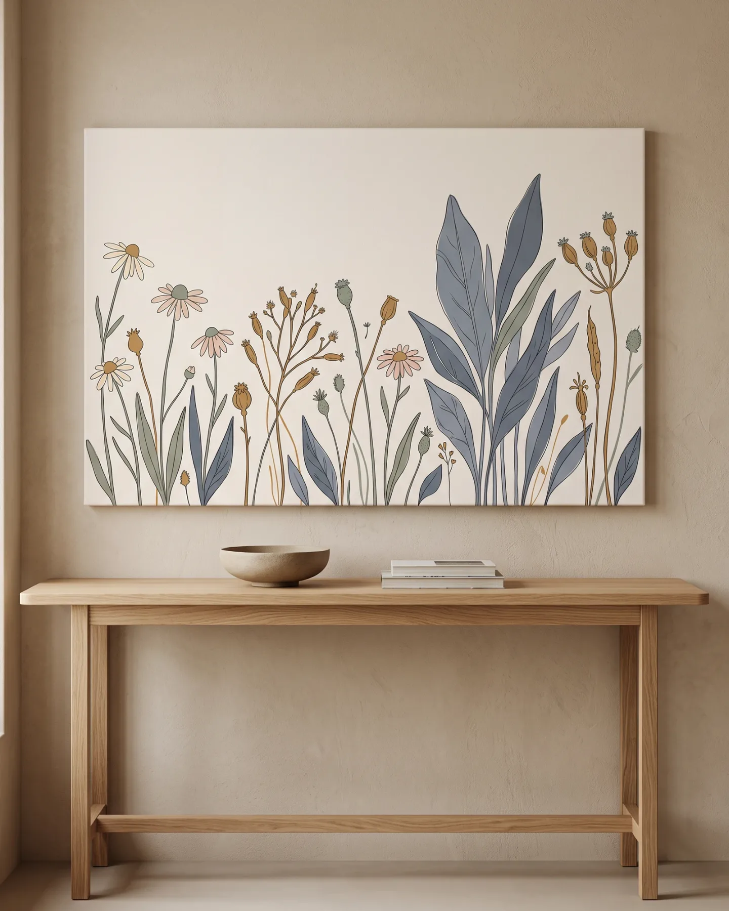 Canvas print – Wildflowers and large leaves in a stylized meadow