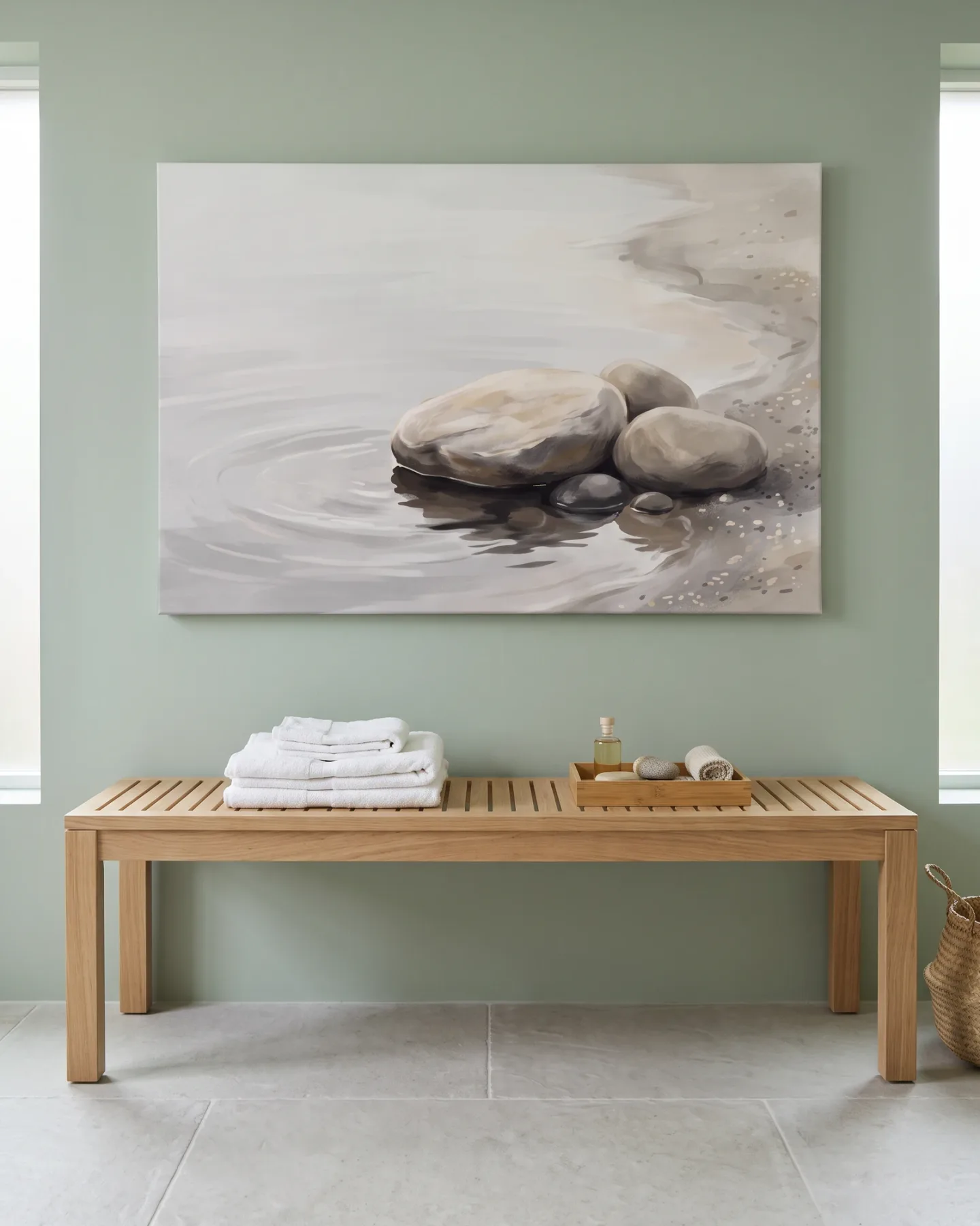 Leinwandbild – Ufersteine zwischen Sand und stiller Fläche