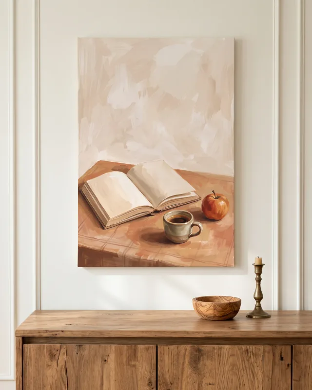 Leinwandbild – Kaffee und roter Apfel neben einem offenen Buch