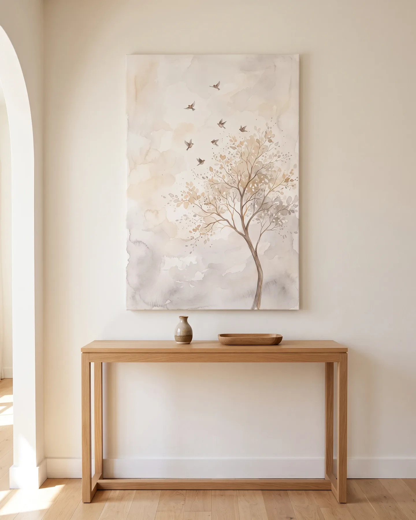 Leinwandbild – Baum mit fliegenden Vögeln in Aquarell