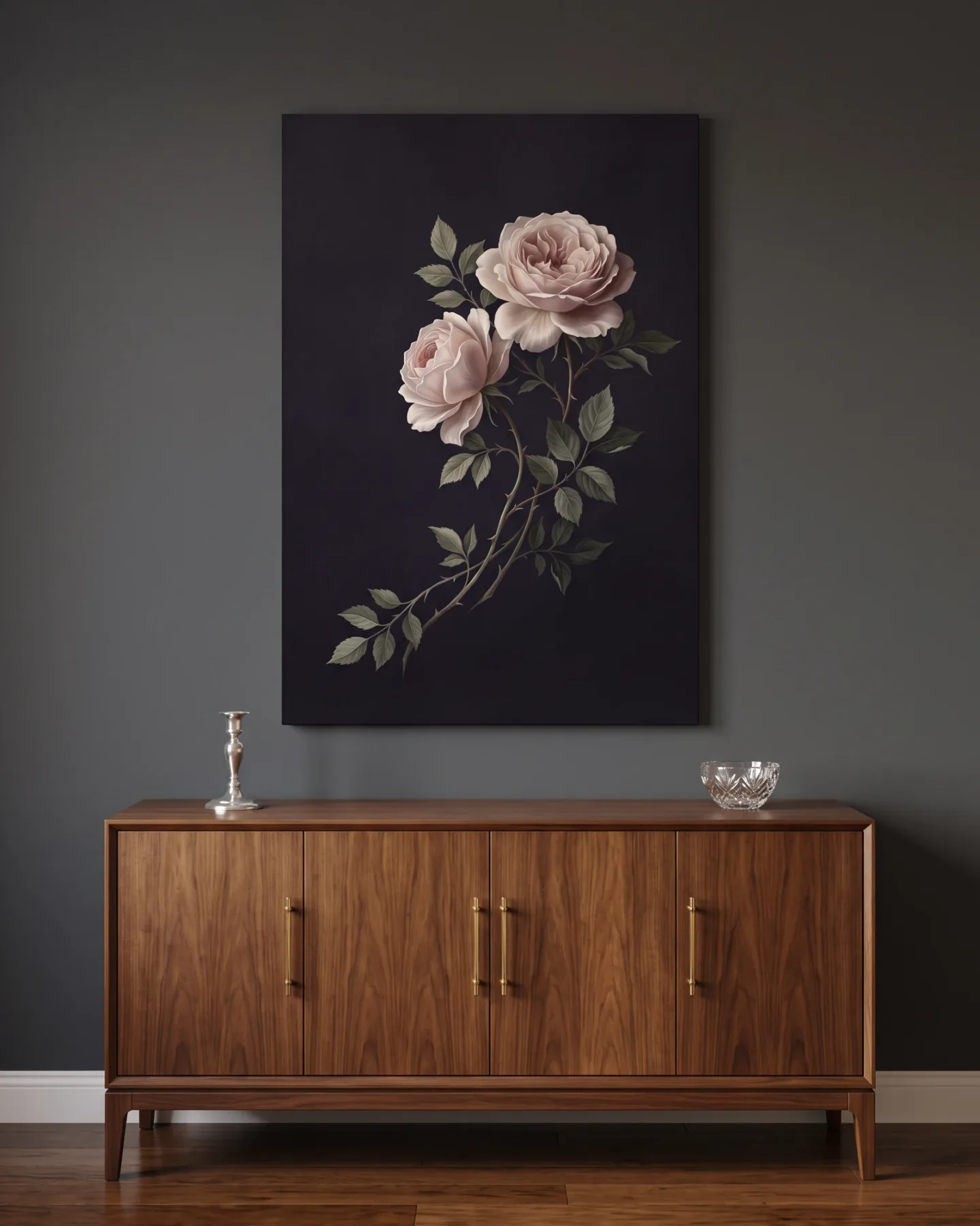 Leinwandbild – Rosa Rosen vor tiefdunklem Hintergrund