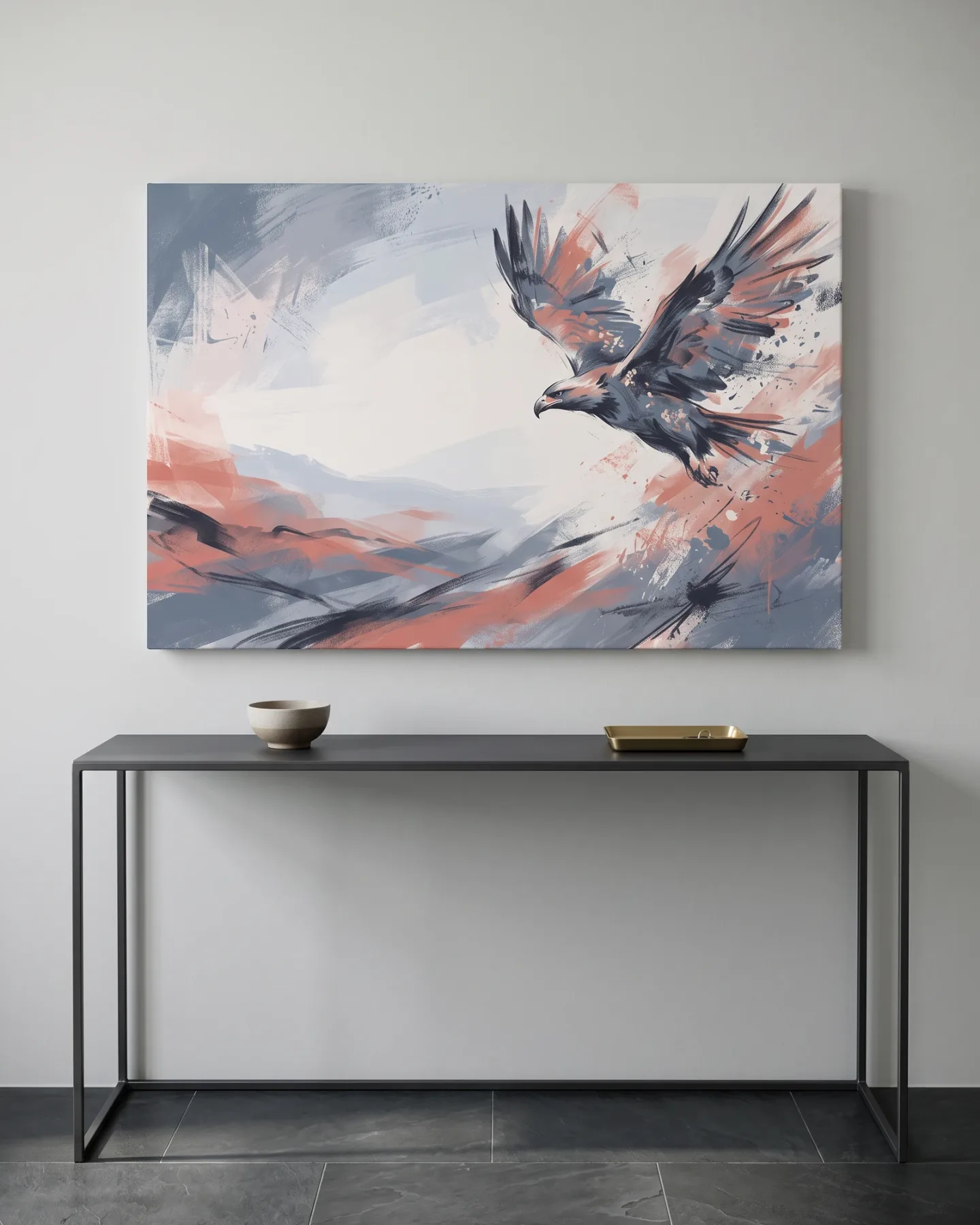 Leinwandbild – Fliegender Greifvogel in abstrakten Pinselzügen