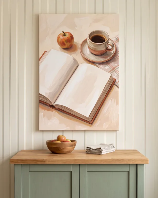 Leinwandbild – Offenes Buch mit Kaffee auf kariertem Tuch
