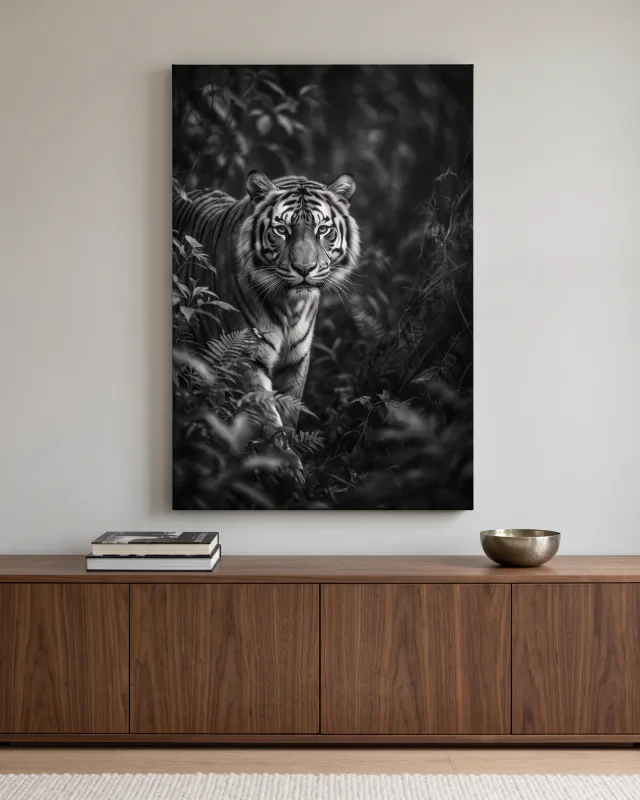 Leinwandbild – Tiger im dunklen Blätterdickicht