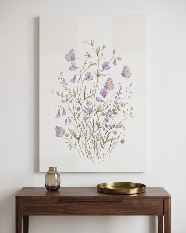 Leinwandbild – Violette Blüten mit Schmetterlingen