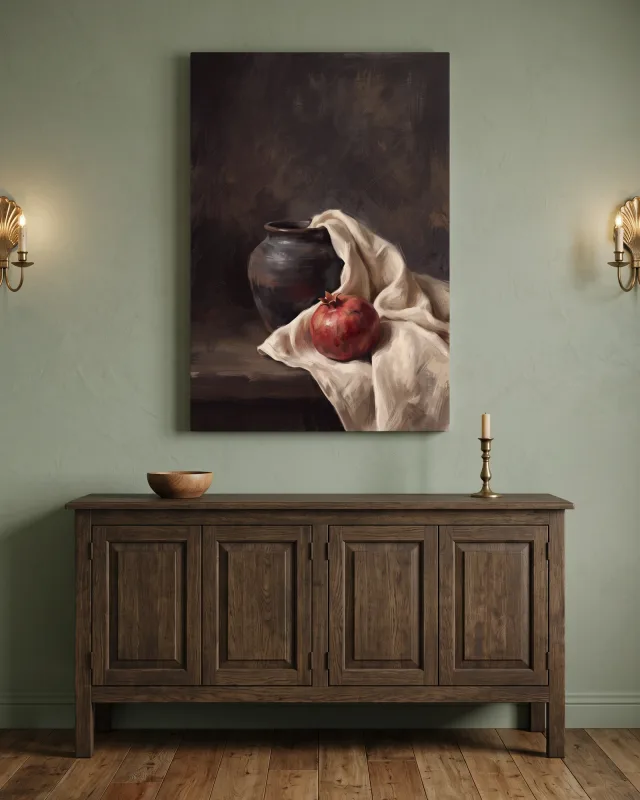 Canvas print – Pomegranate before a Dark Earthen Vessel