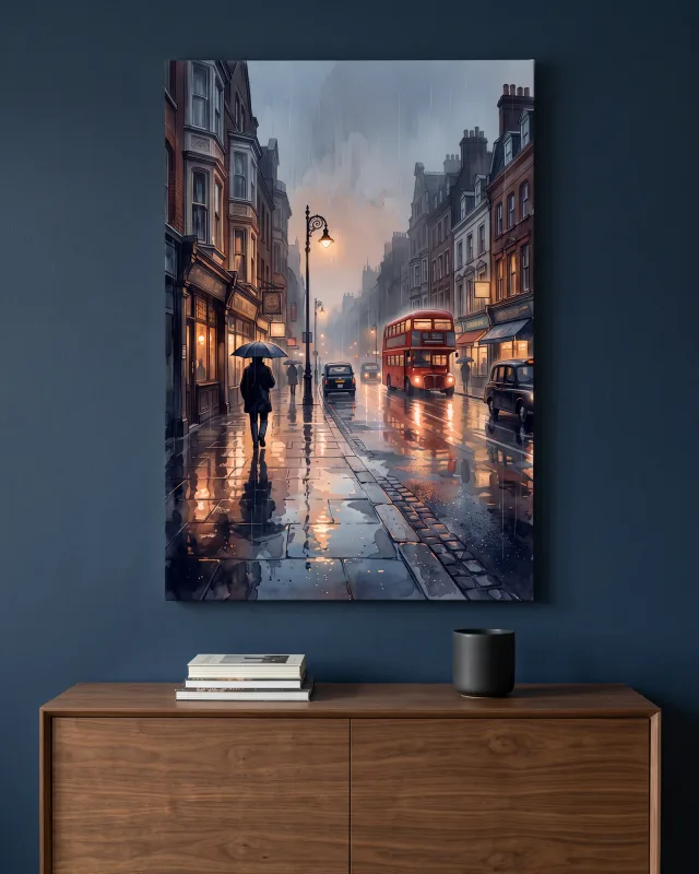 Leinwandbild – Regennasse Straße mit roten Buslichtern