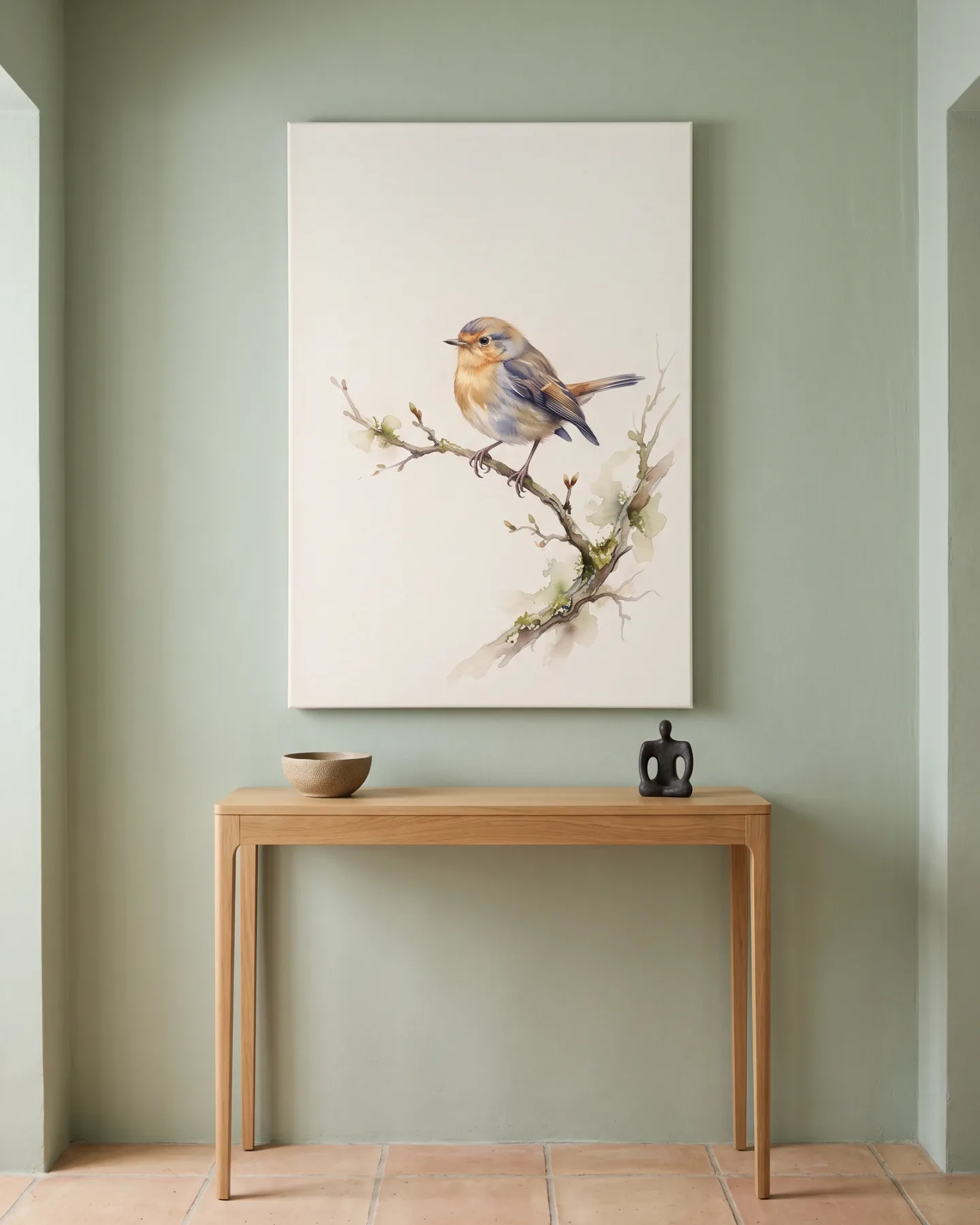 Leinwandbild – Rundlicher Singvogel mit ockerfarbener Brust