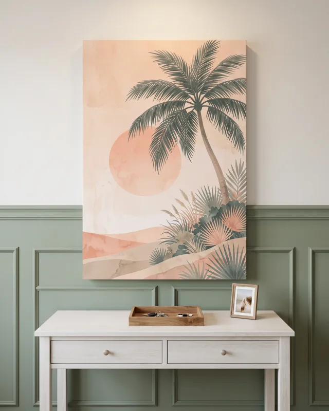 Canvas print – Tall Palm beside a Peach Sun